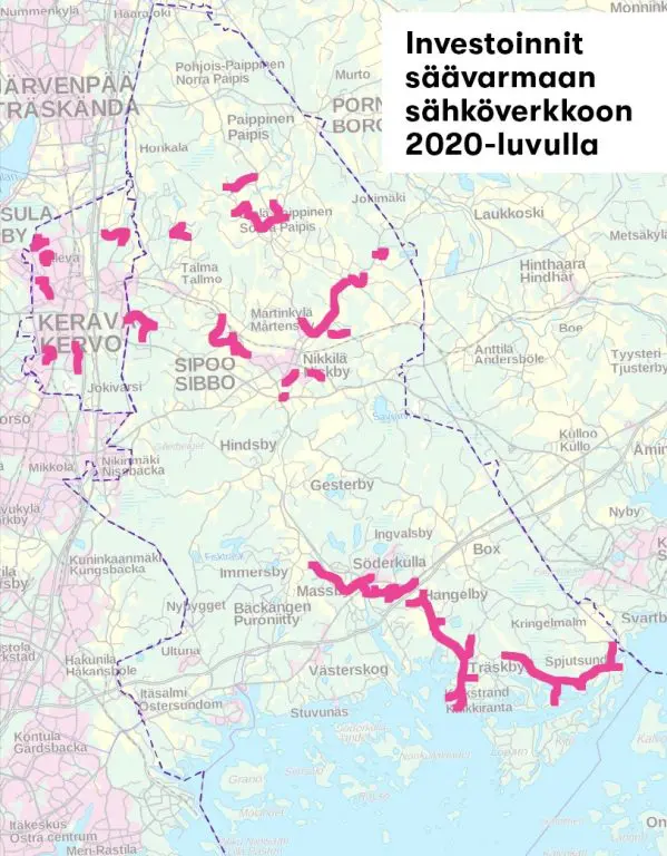 kartta jakeluverkkoalueilta jossa on tehty hankkeita säävarman sähköverkon rakentamiseksi tällä vuosikymmenellä