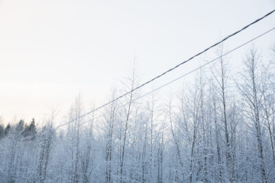 Talvinen maisema missä on sähköjohtoja