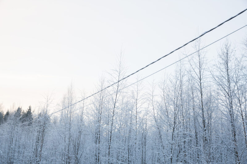 Talvinen maisema missä on sähköjohtoja