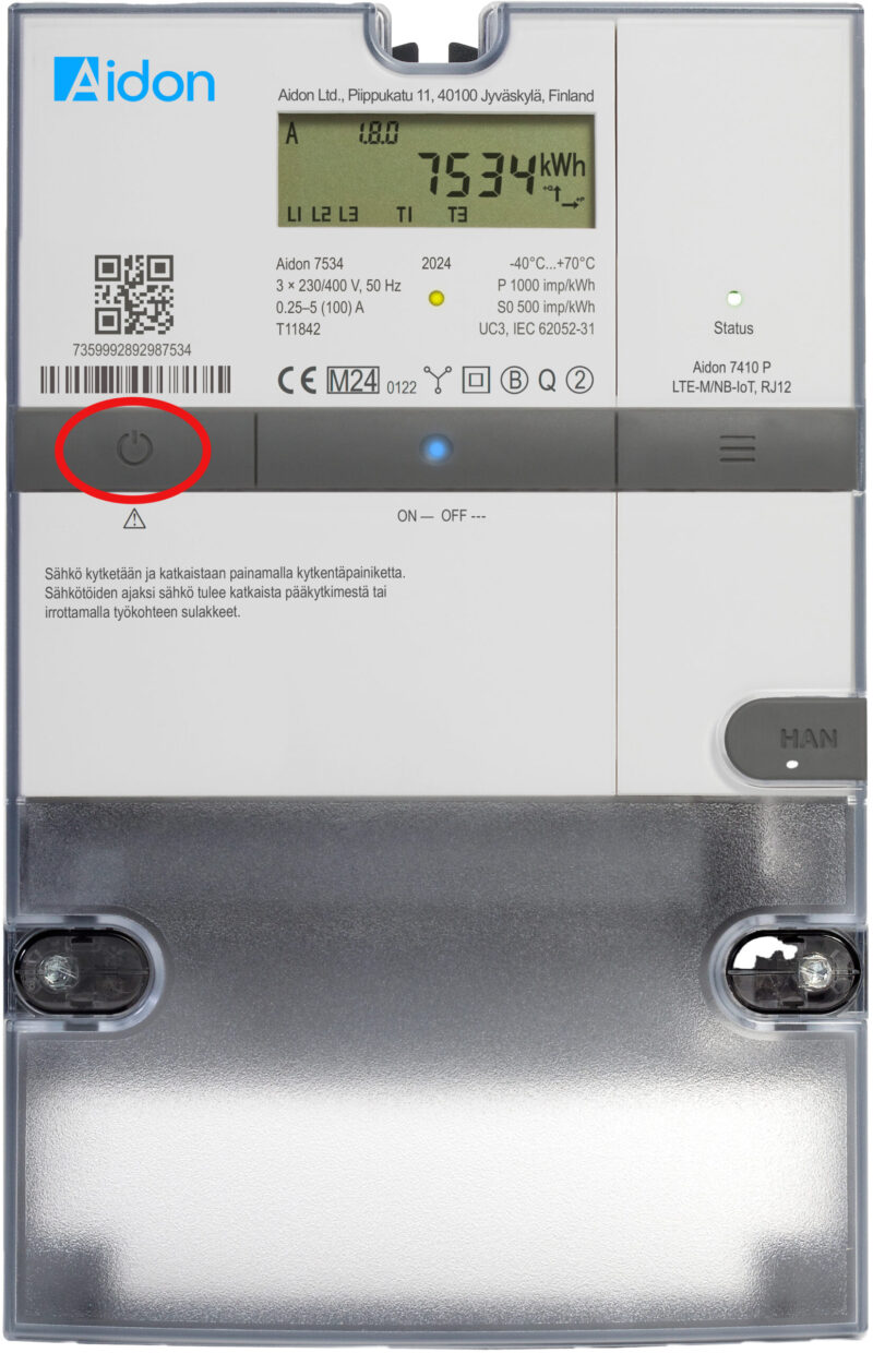 Aidon 7534 mittari mistä katkaisupainike merkitty.
