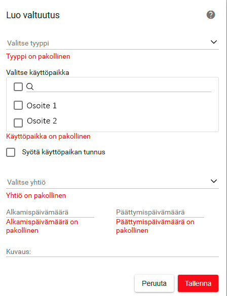 Näkymä valtuutuksen luomiseen